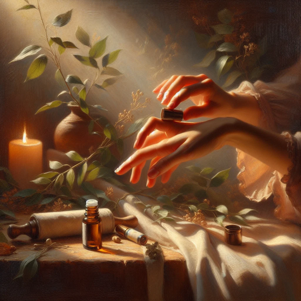 Woman applying diluted emotional release essential oil to her wrist during a self-care ritual