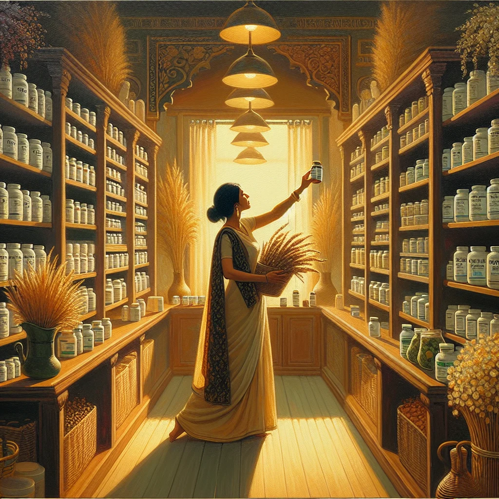 Woman selecting emotional balance supplements from shelves at a natural health store like Holland and Barrett