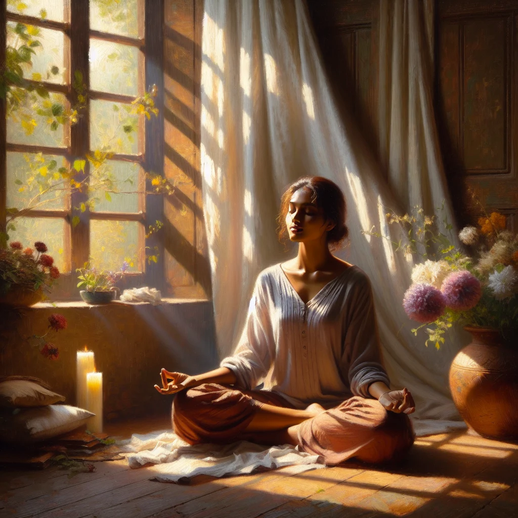 Woman practicing mindfulness meditation by window during healing after a heartbreak recovery process