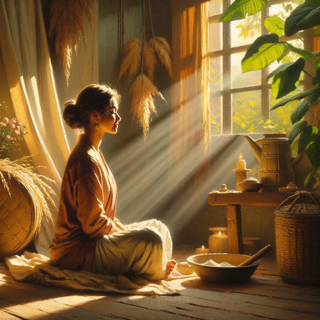Woman practicing positivity guided meditation in a peaceful indoor setting with natural light