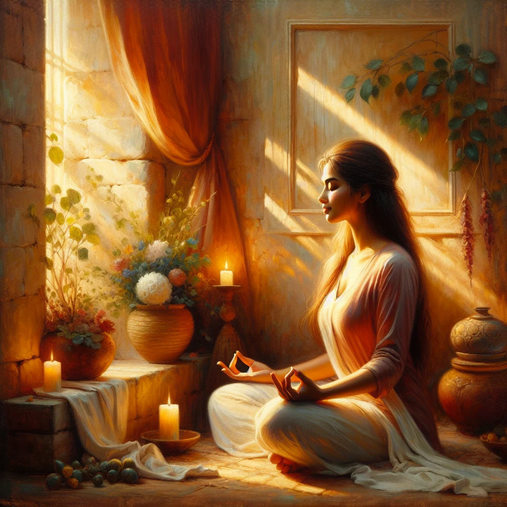 Woman sitting peacefully in meditation pose practicing self love and inner compassion