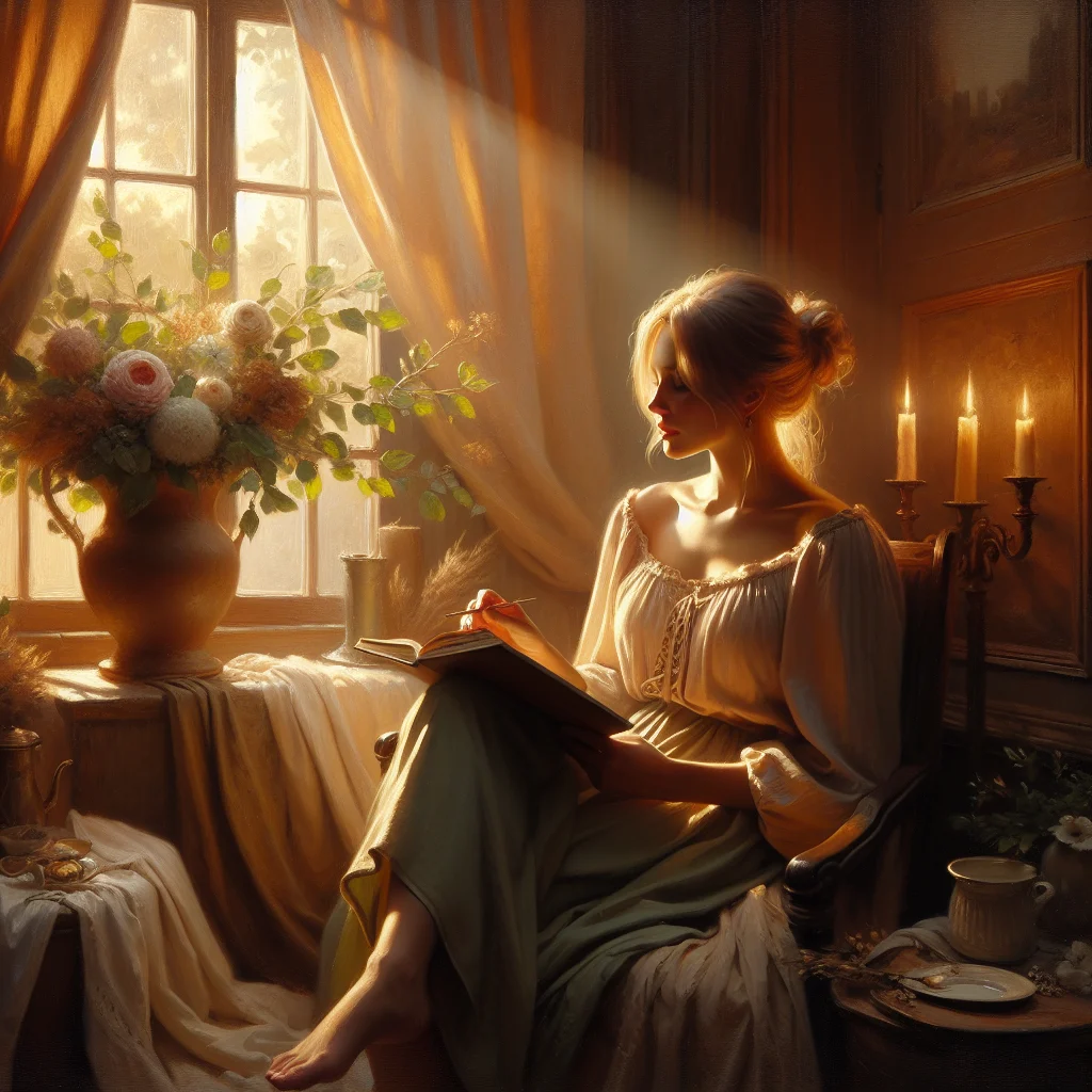 Woman sitting in a comfortable chair reading a Joyce Meyer book about emotional healing with peaceful expression