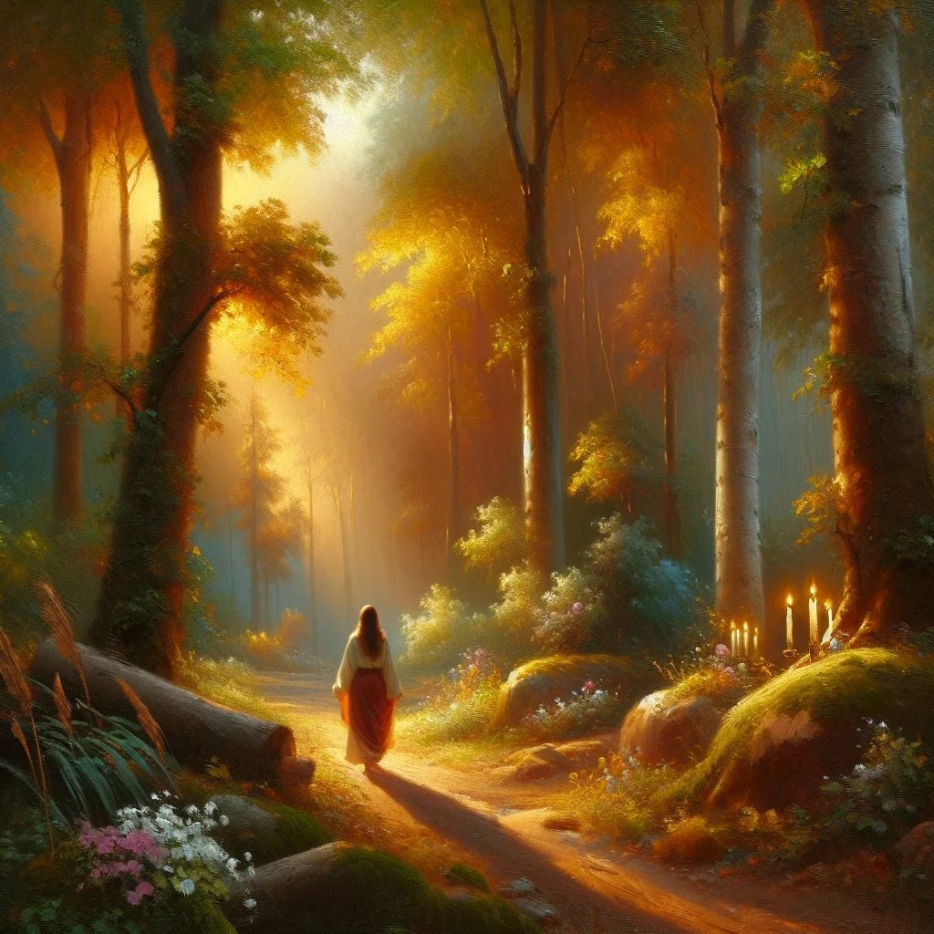 Woman practicing slow living nature by walking mindfully through a serene forest path surrounded by tall trees