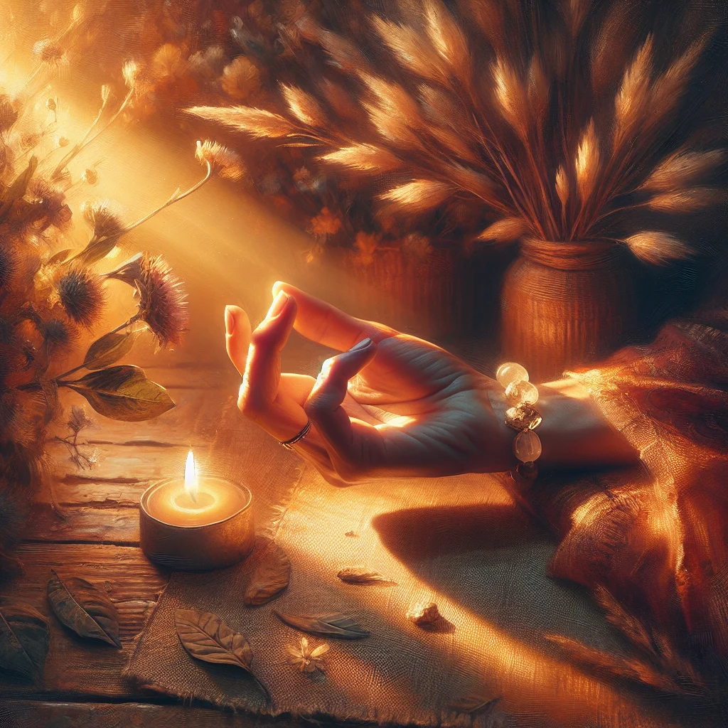 woman-wearing-crystal-bracelet-meditation Woman in peaceful meditation wearing crystal healing bracelet on her wrist with hands in prayer position