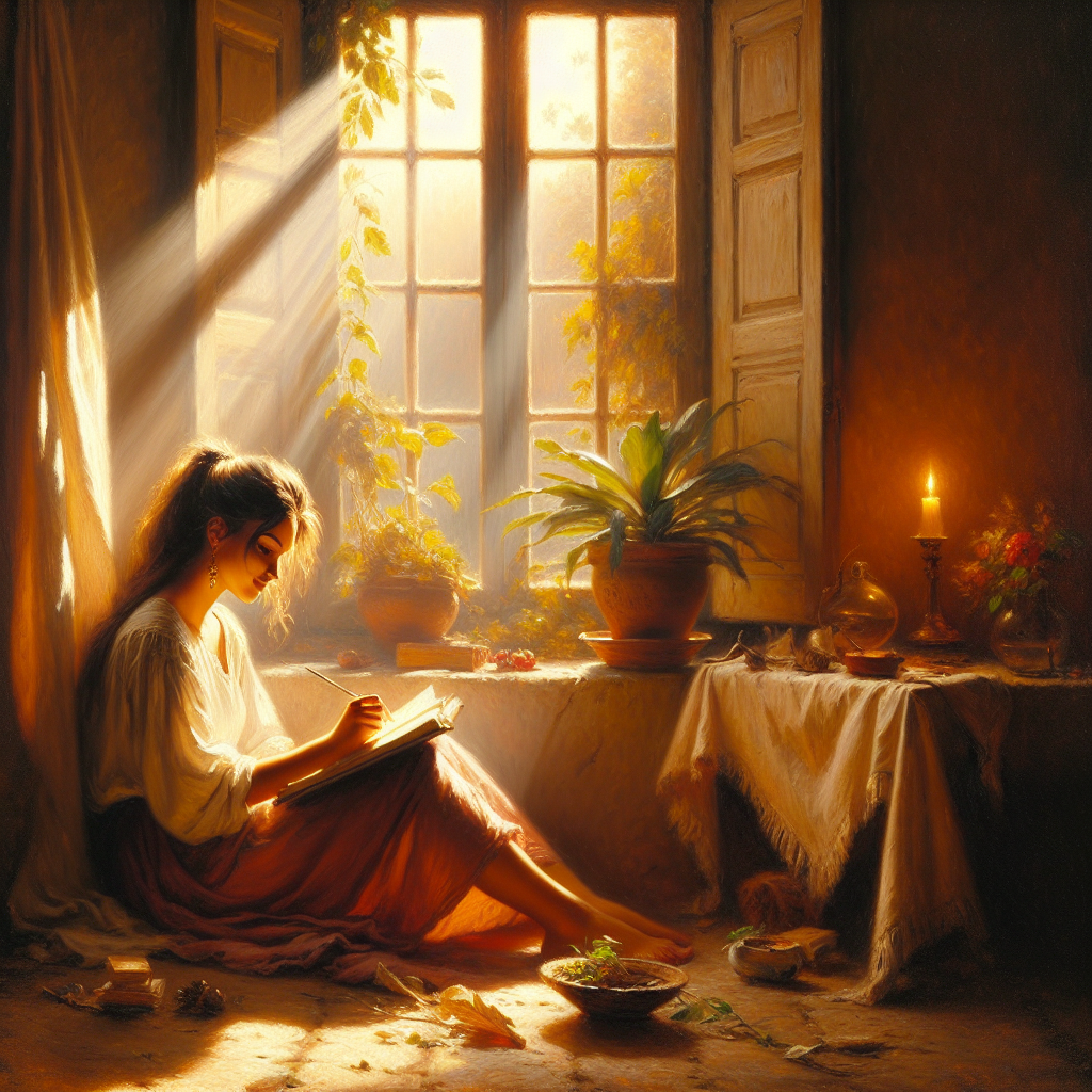 woman-writing-in-journal-by-window woman practicing slow living while writing journal prompts by a sunny window with houseplants