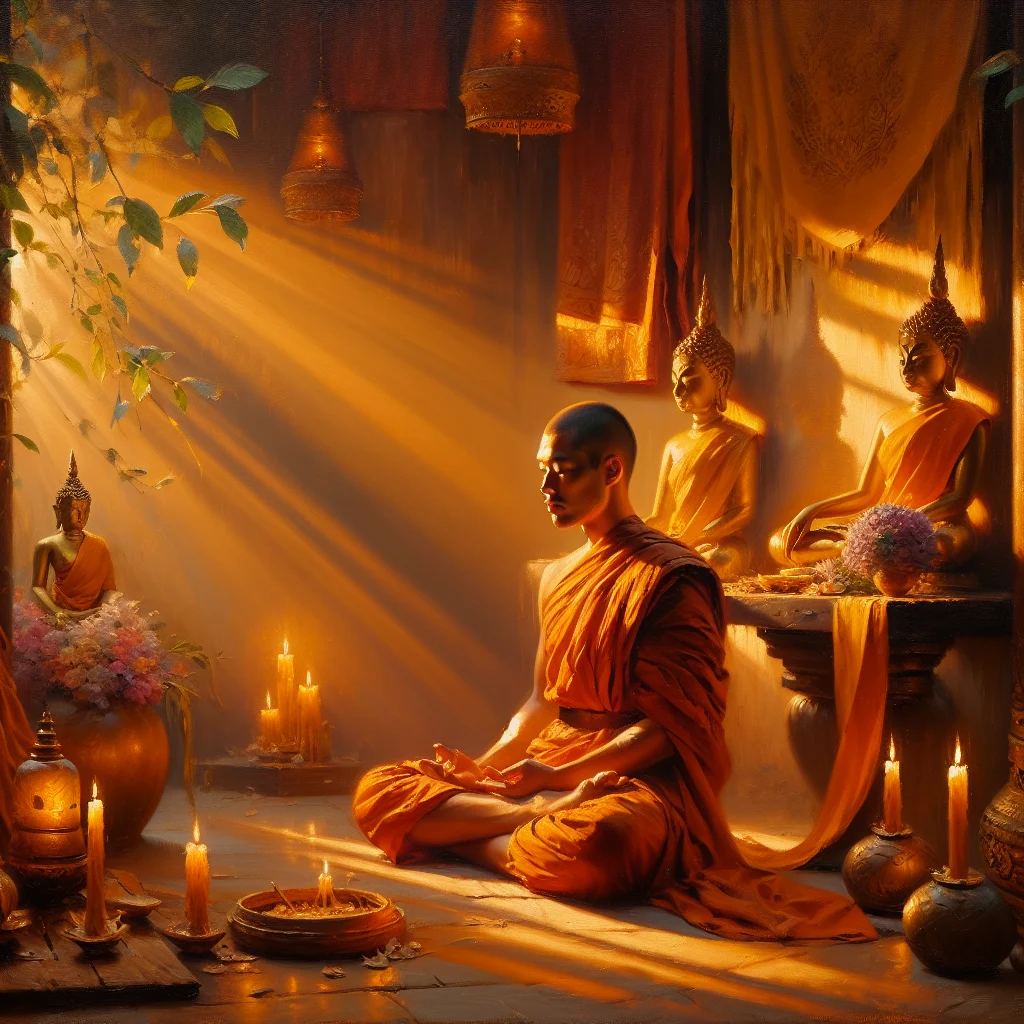 Buddhist monk in orange robes meditating peacefully in a serene temple setting with candles and incense