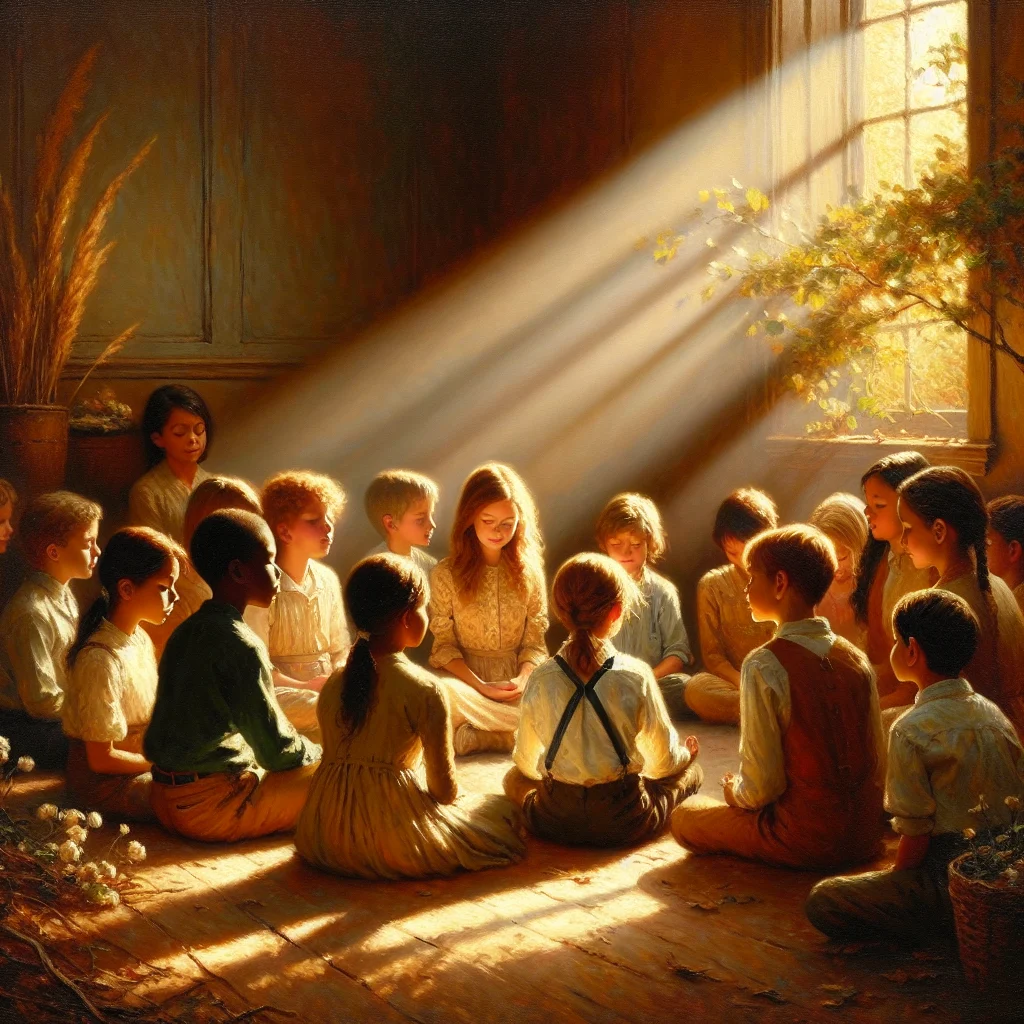 Group of diverse children sitting in a circle practicing mindful breathing exercises with a teacher in a bright classroom setting