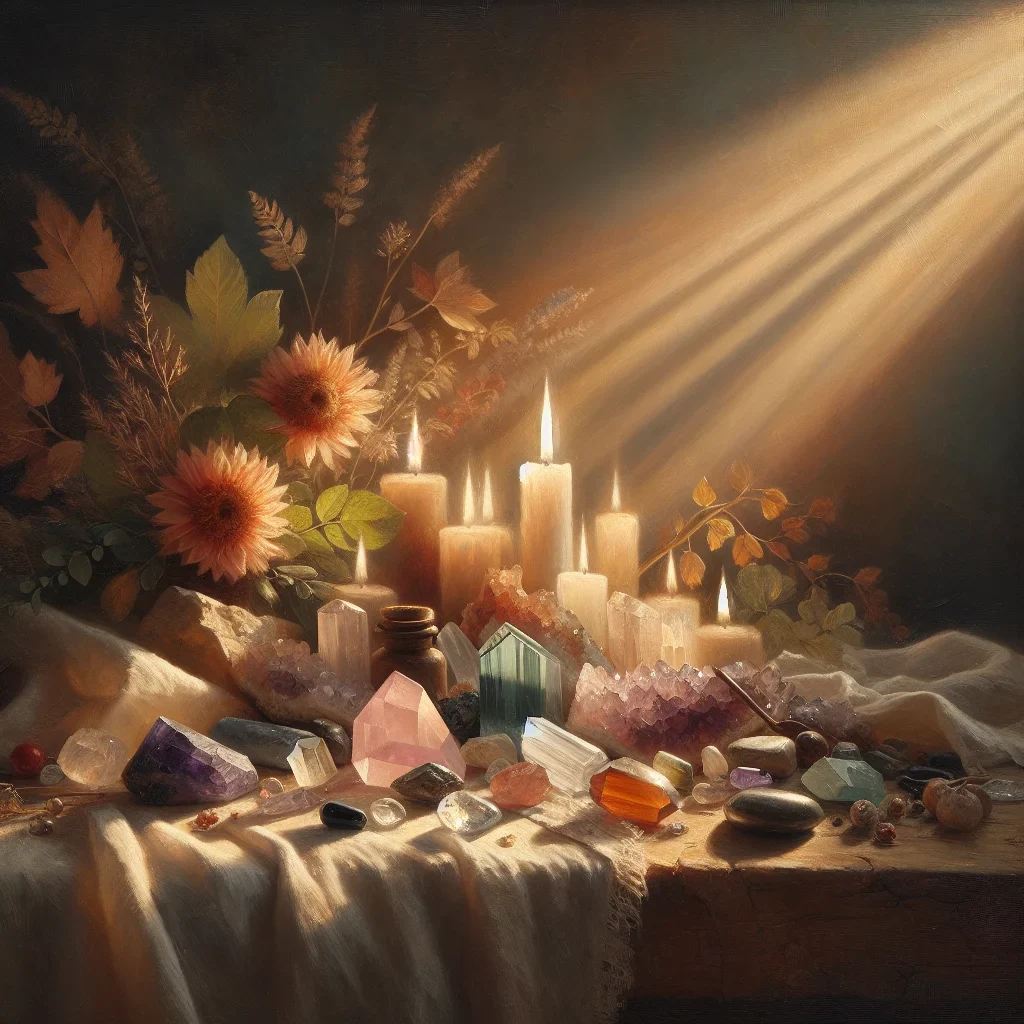 Various healing crystals including amethyst, rose quartz, and clear quartz arranged on a natural wooden surface with soft lighting