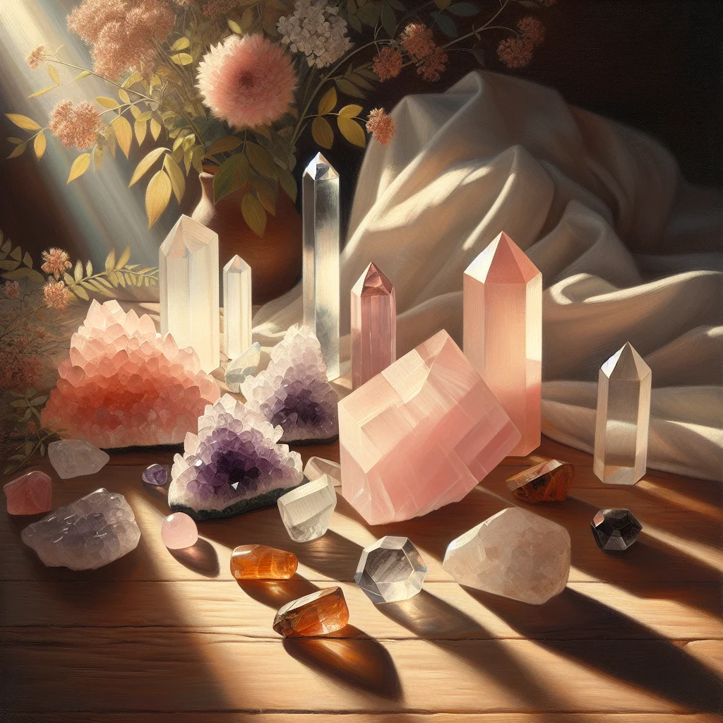 crystal-collection-arrangement-natural-light Carefully arranged collection of healing crystals and gemstones displayed on natural wooden surface in sunlight