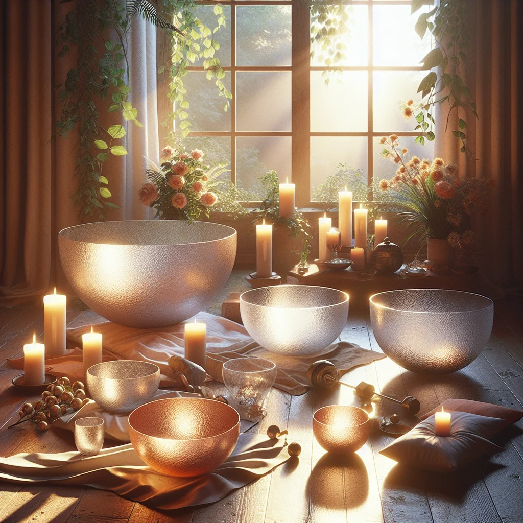 crystal-singing-bowls-meditation-space Crystal singing bowls arranged in a peaceful meditation room with natural lighting and plants