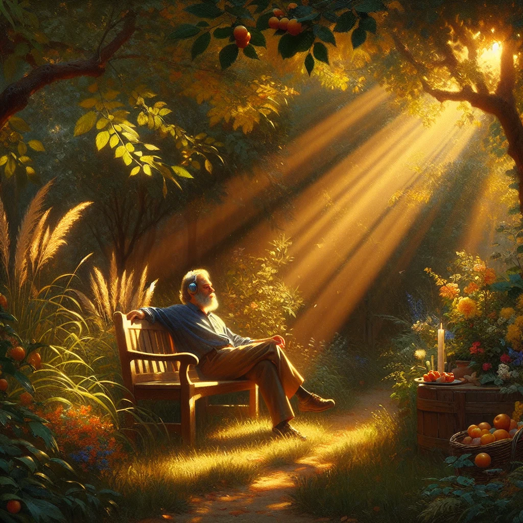 Elderly man listening to guided meditation through headphones while sitting outdoors in nature