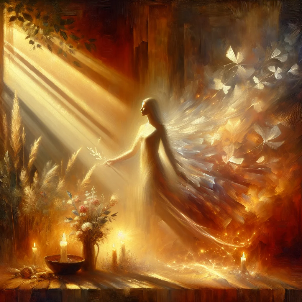 Conceptual image showing a person releasing emotional burden represented by floating elements and light