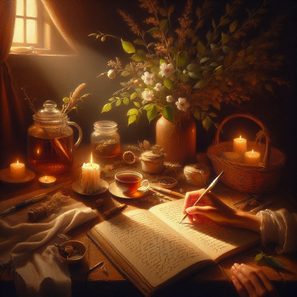 Hands writing in a journal during evening hours with soft lamp light and herbal tea nearby