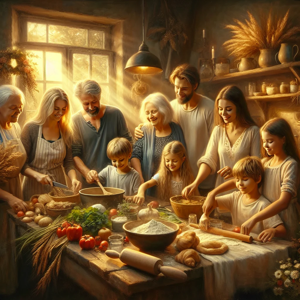 Family practicing the slow living concept through cooking and sharing a meal together