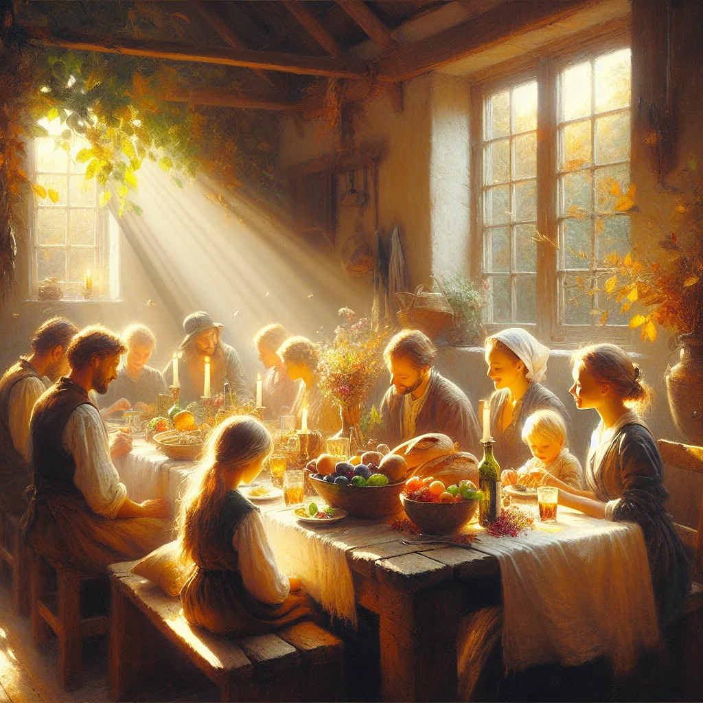 family-sharing-homemade-meal-together Family practicing slow living by sharing a homemade meal together at a wooden table with natural lighting