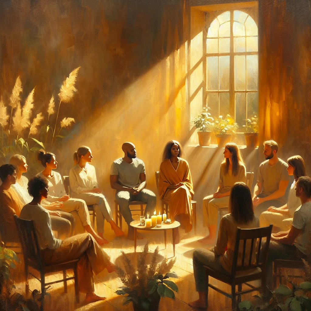 Small supportive group therapy circle at an emotional trauma healing retreat in the UK with comfortable seating and natural light