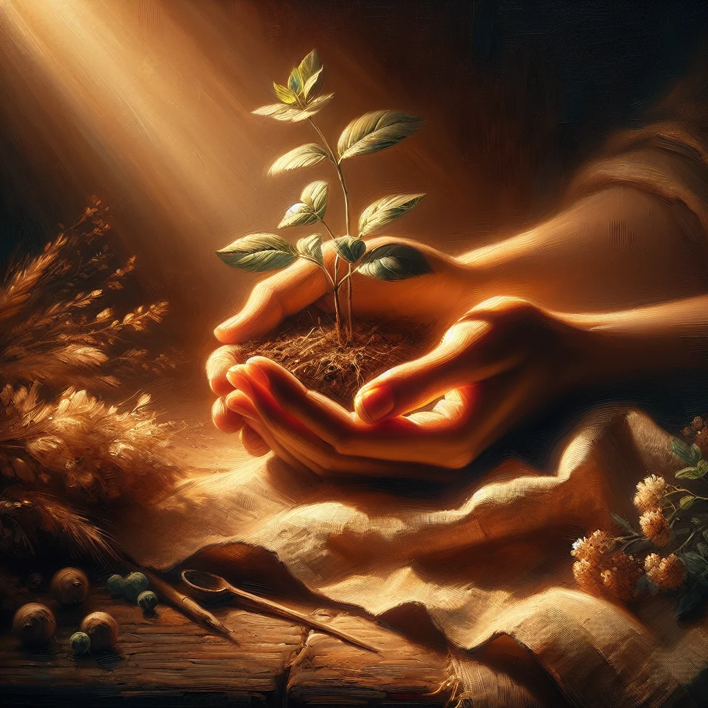 Hands carefully nurturing a young plant, symbolizing gentle healing from childhood emotional neglect