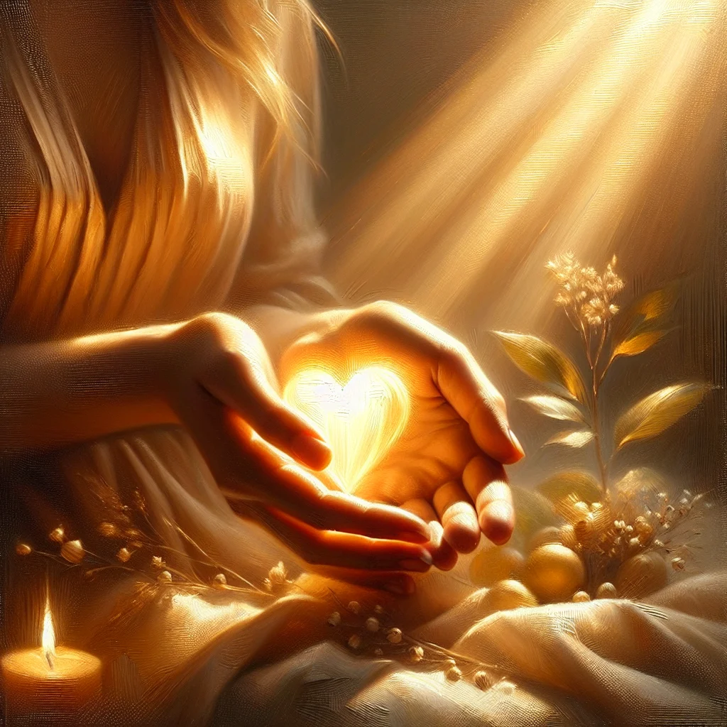 hands-holding-glowing-heart-energy Hands gently cradling glowing heart-shaped energy representing unconditional love healing power