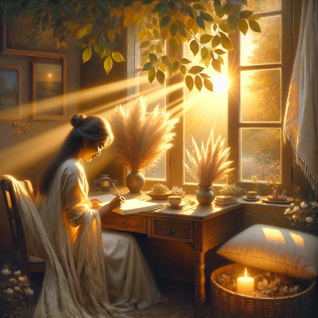 Person writing in a heal journal with peaceful surroundings and therapeutic atmosphere