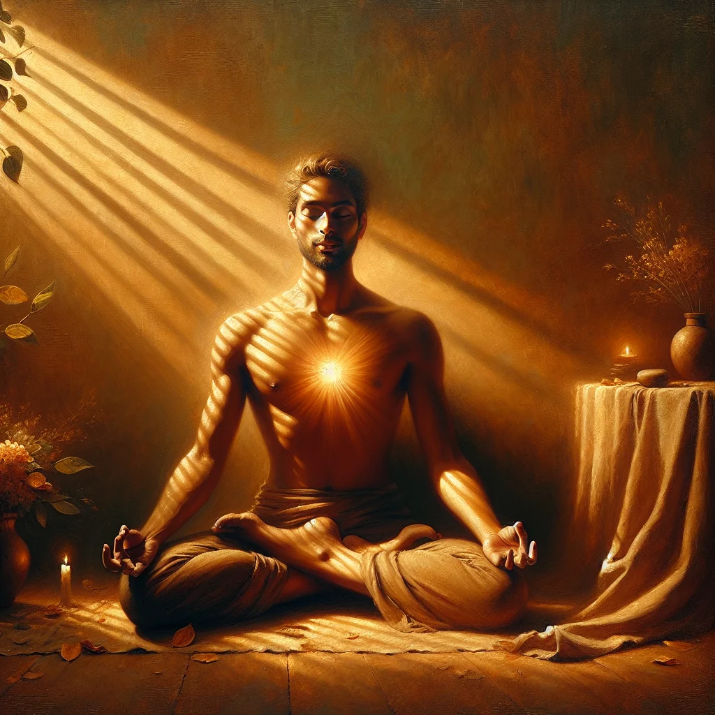 heart-centered-meditation-practice Person practicing heart-centered guided meditation in peaceful setting inspired by Ram Dass teachings