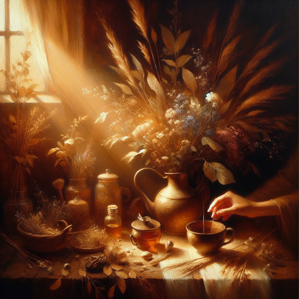 Person preparing herbal tea for emotional balance with fresh and dried herbs on a kitchen counter