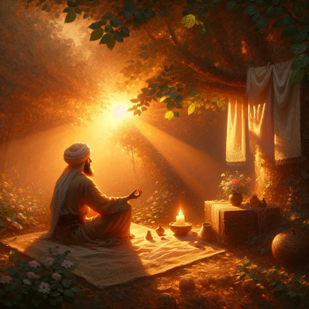 Man practicing slow living meditation in a peaceful natural setting with trees and morning light