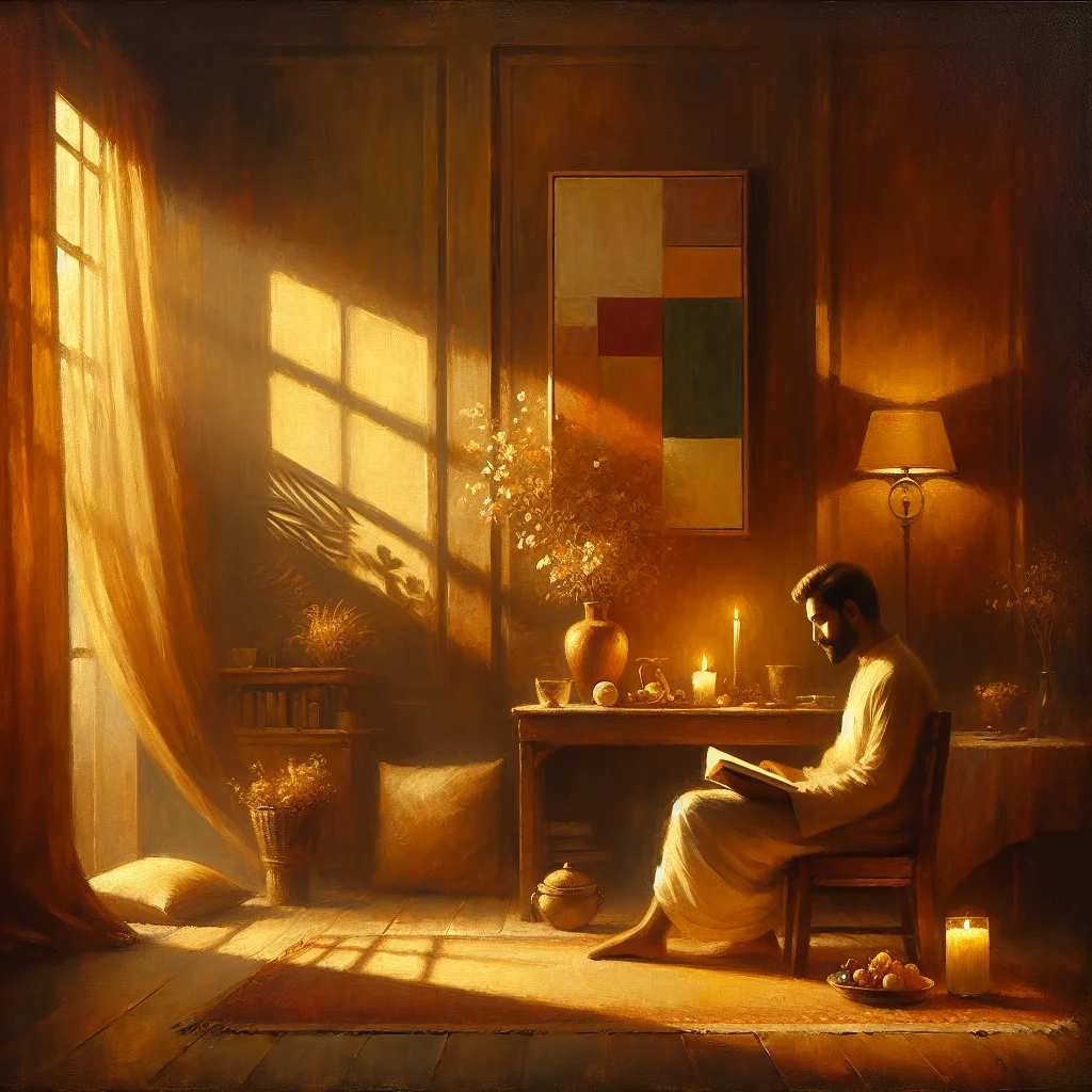 Man embracing slow living by reading a book in a minimalist, comfortable home environment