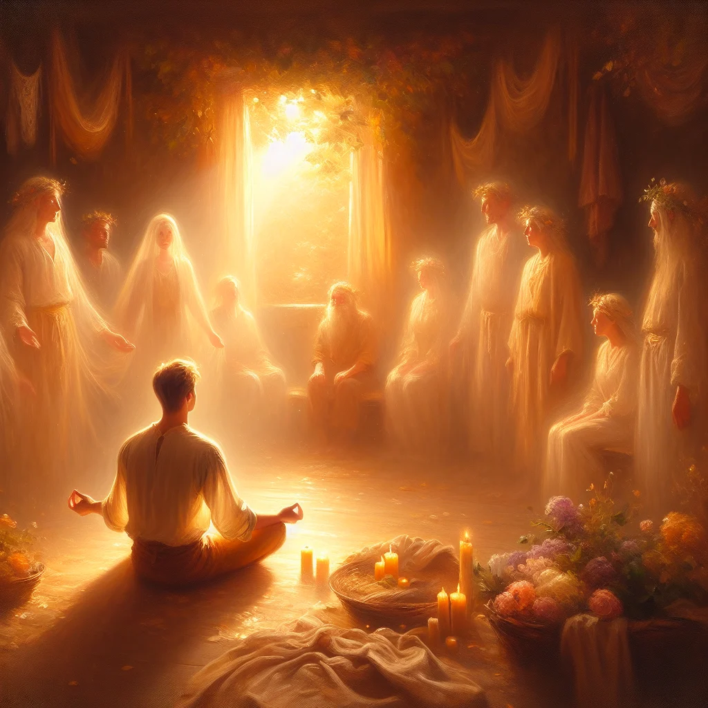 Person in peaceful meditation pose surrounded by soft light representing legacy healing and ancestral connection