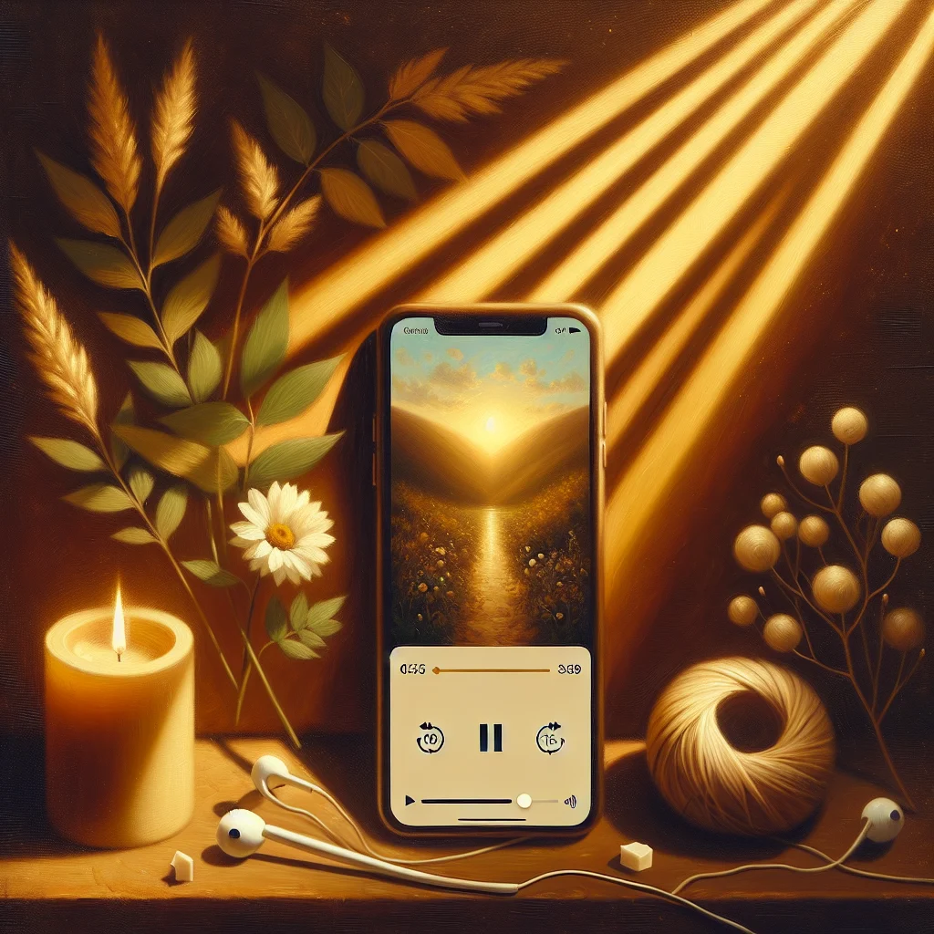 meditation-podcast-mobile-app-interface Smartphone displaying meditation podcast app interface with episode selection and peaceful nature background