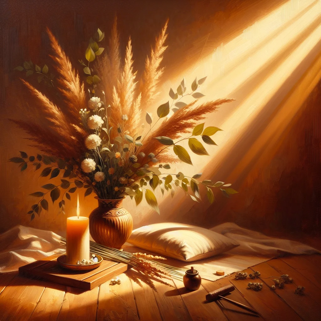 Serene meditation space with cushion and natural light showing a guided meditation practice environment