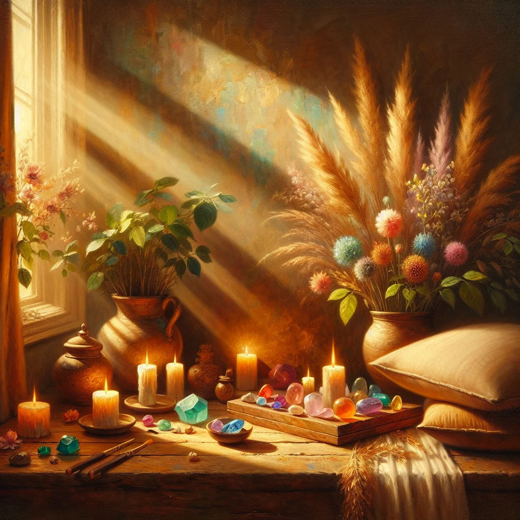 Peaceful meditation space featuring crystals, candles, and natural light creating high-frequency environment