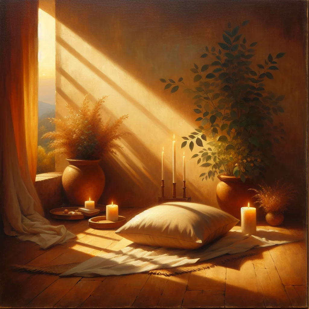 meditation-space-with-cushion-and-candles Calm meditation space setup with cushion and soft candlelight for practicing meditation for calmness and focus
