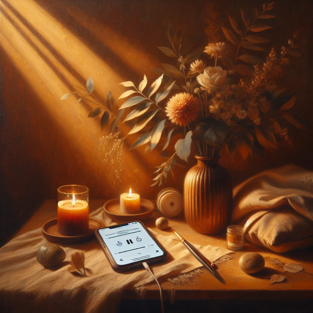 mindful-meditation-setup-with-spotify-app Cozy meditation space showing smartphone with Spotify mindful podcast playing, cushion and candles