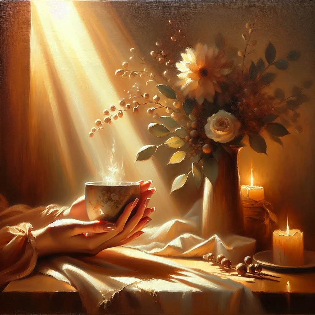 Person practicing mindfulness staying in the moment during daily activities like drinking tea