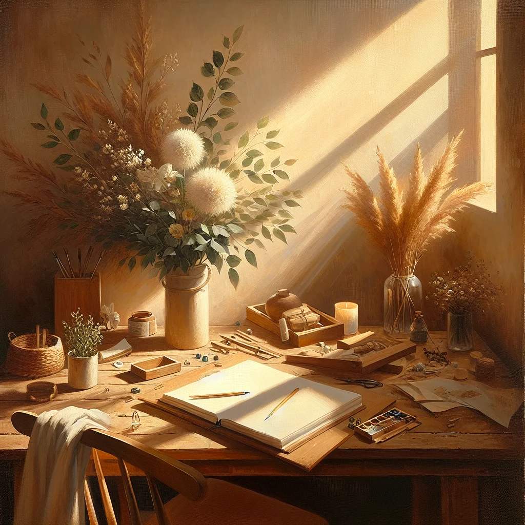 An organized, minimalist desk setup with plants and natural elements representing a slow living approach to Monday work