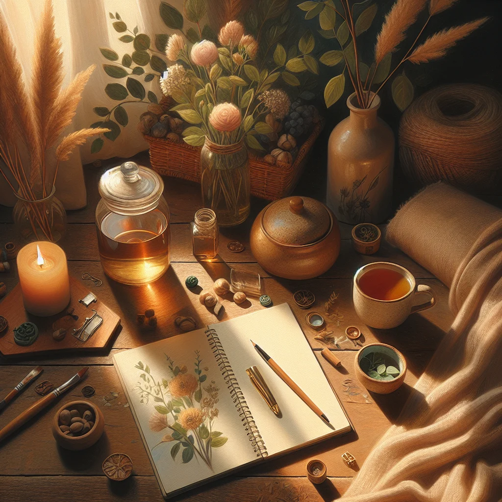 One day mindfulness practice setup with journal, herbal tea and meditation cushion in serene environment