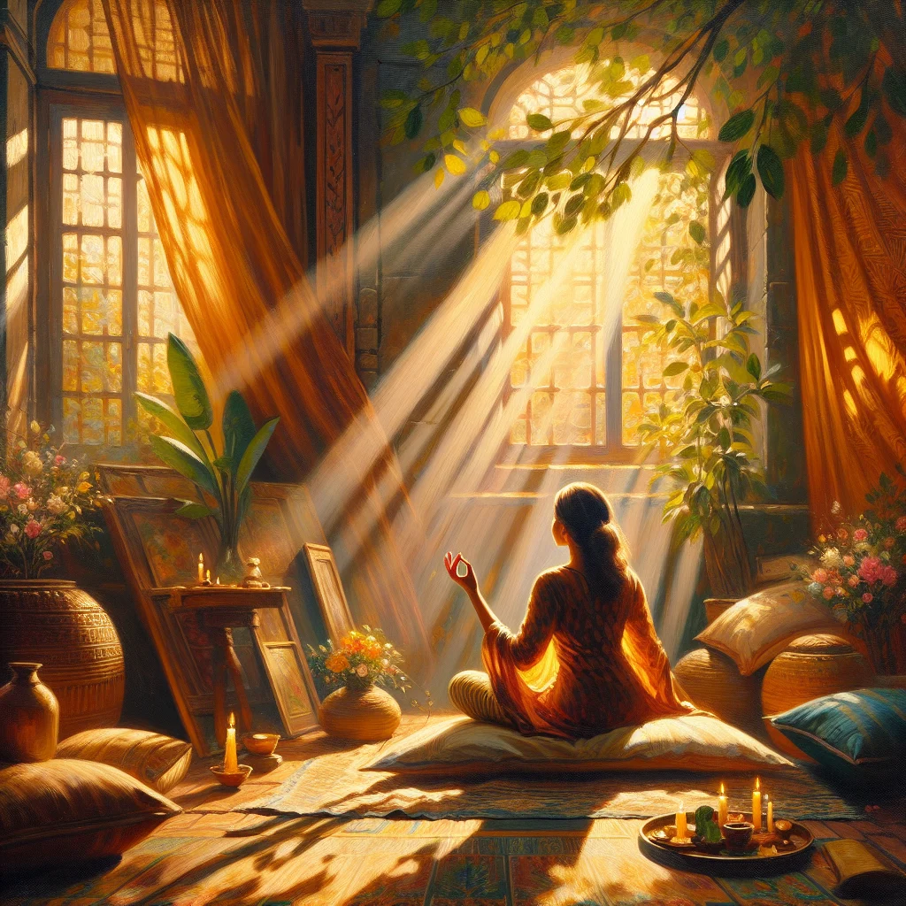 mindfulness-meditation-practice-indoor-setting Woman practicing mindfulness meditation in a calm indoor environment with natural light