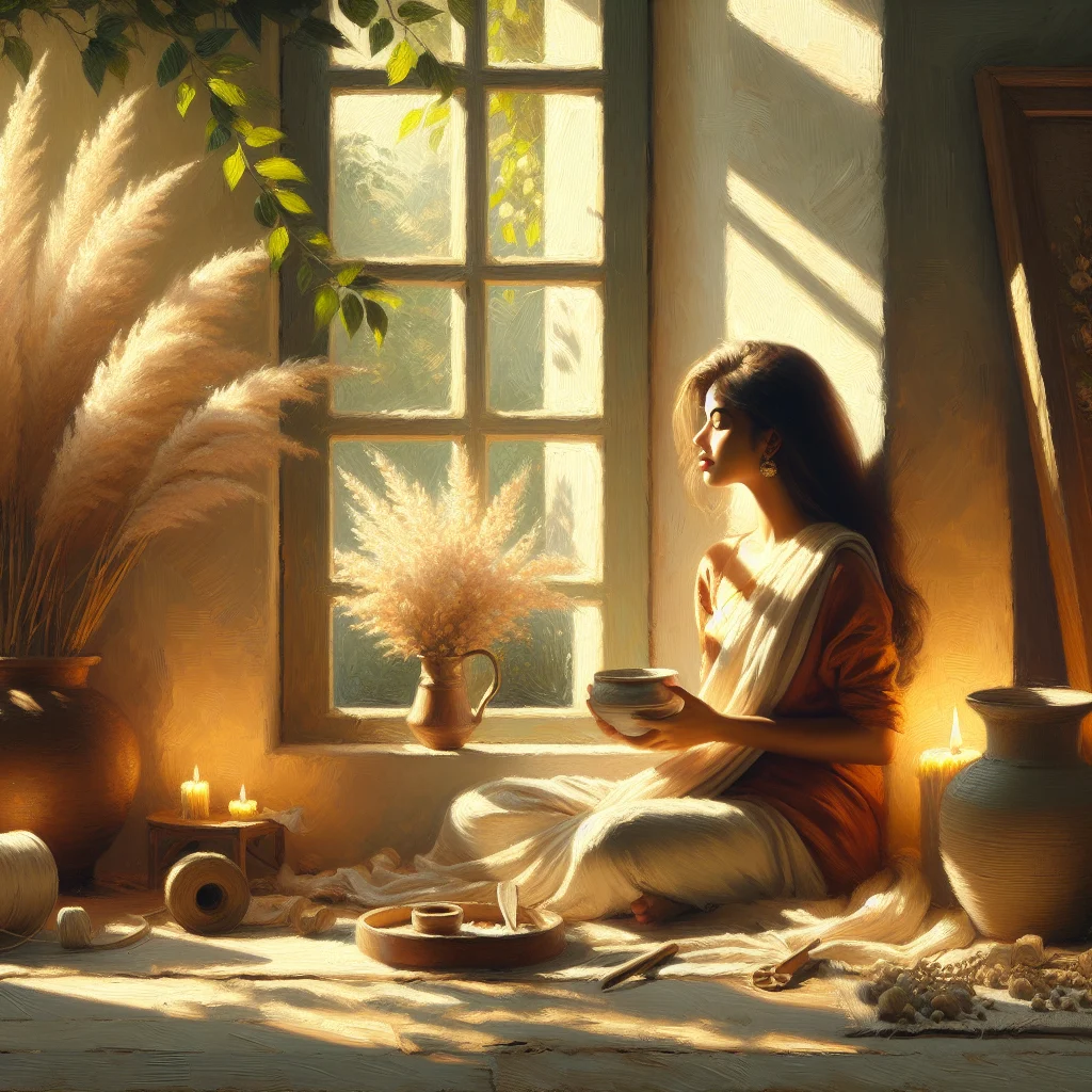 Person enjoying morning coffee while sitting peacefully by a window with natural light and plants