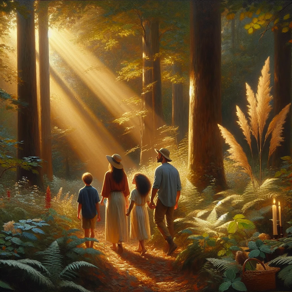 Family enjoying nature-based wellness activities including forest bathing and outdoor meditation