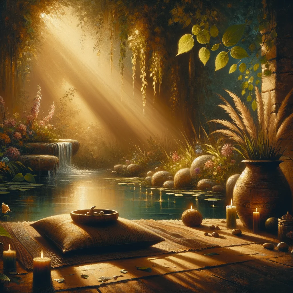 peaceful-meditation-scene-with-nature-elements Serene meditation setting featuring natural elements that support guided meditation for mental healing