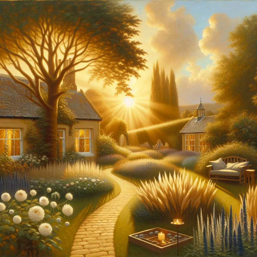 Serene emotional trauma healing retreat nestled in the UK countryside with therapeutic gardens and quiet spaces for reflection