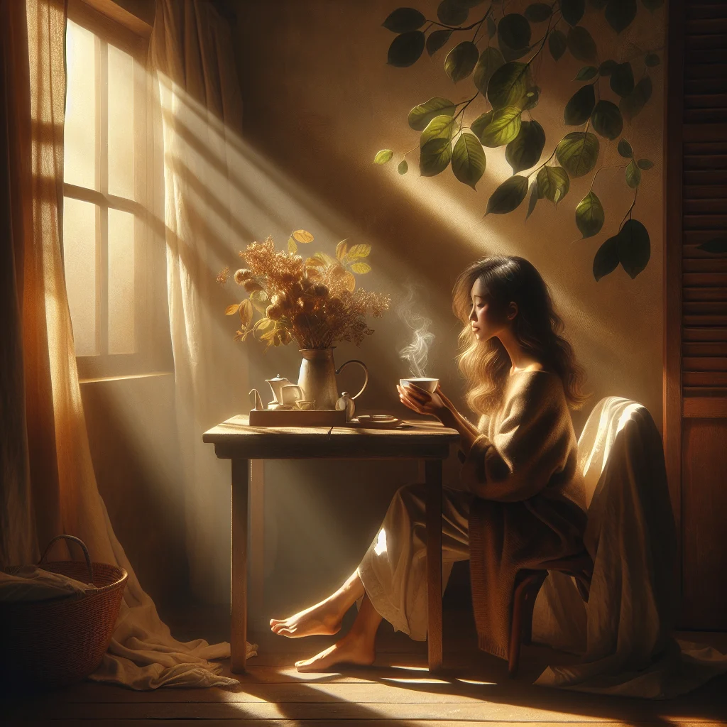 Person practicing slow living concept while enjoying a mindful morning coffee ritual at home