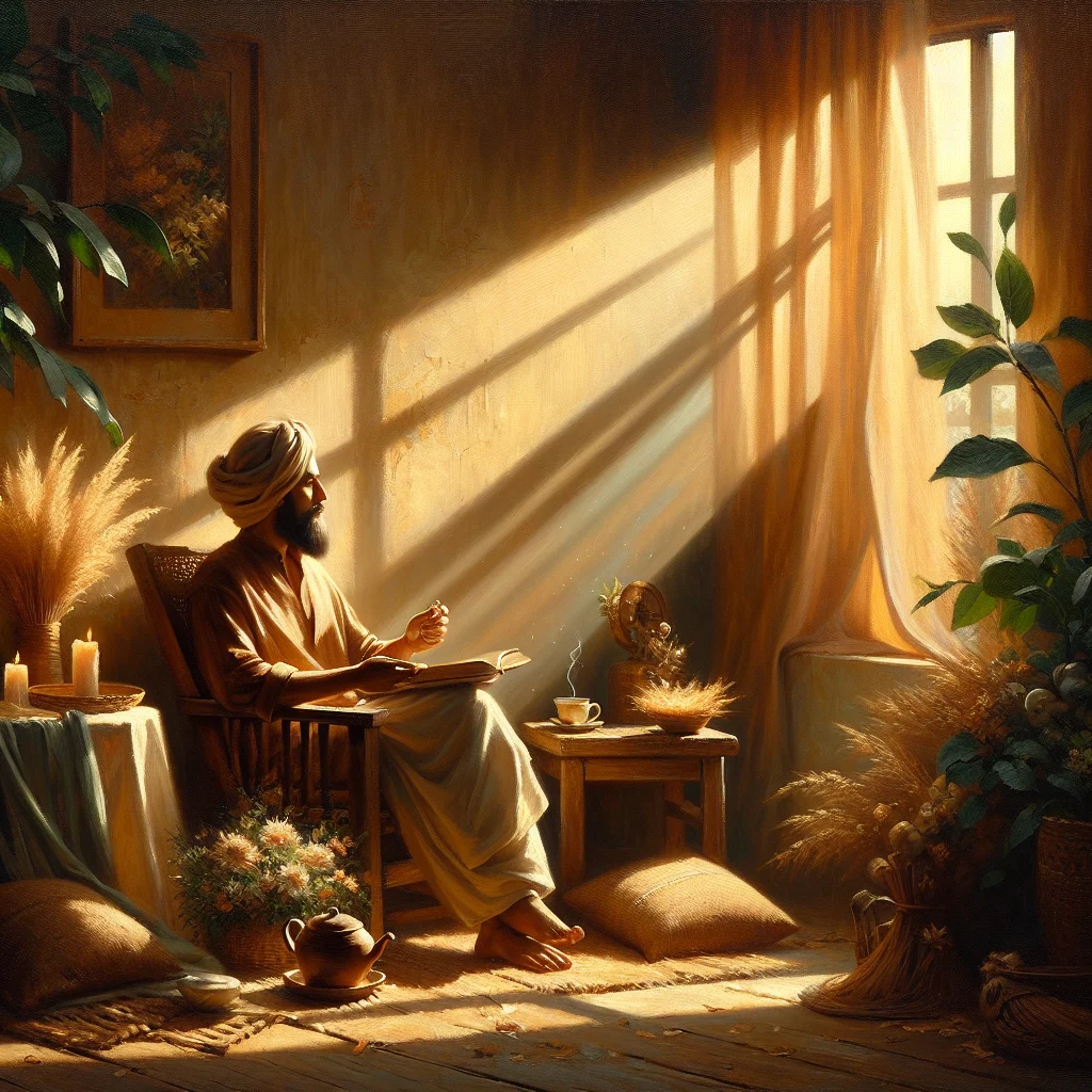 Person savoring a cup of tea in a sunlit room, embodying slow living principles