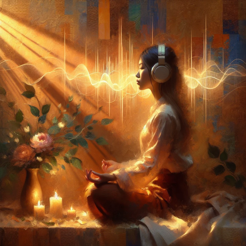 Person relaxing with headphones during a healing frequency Hz therapy session for wellness and meditation