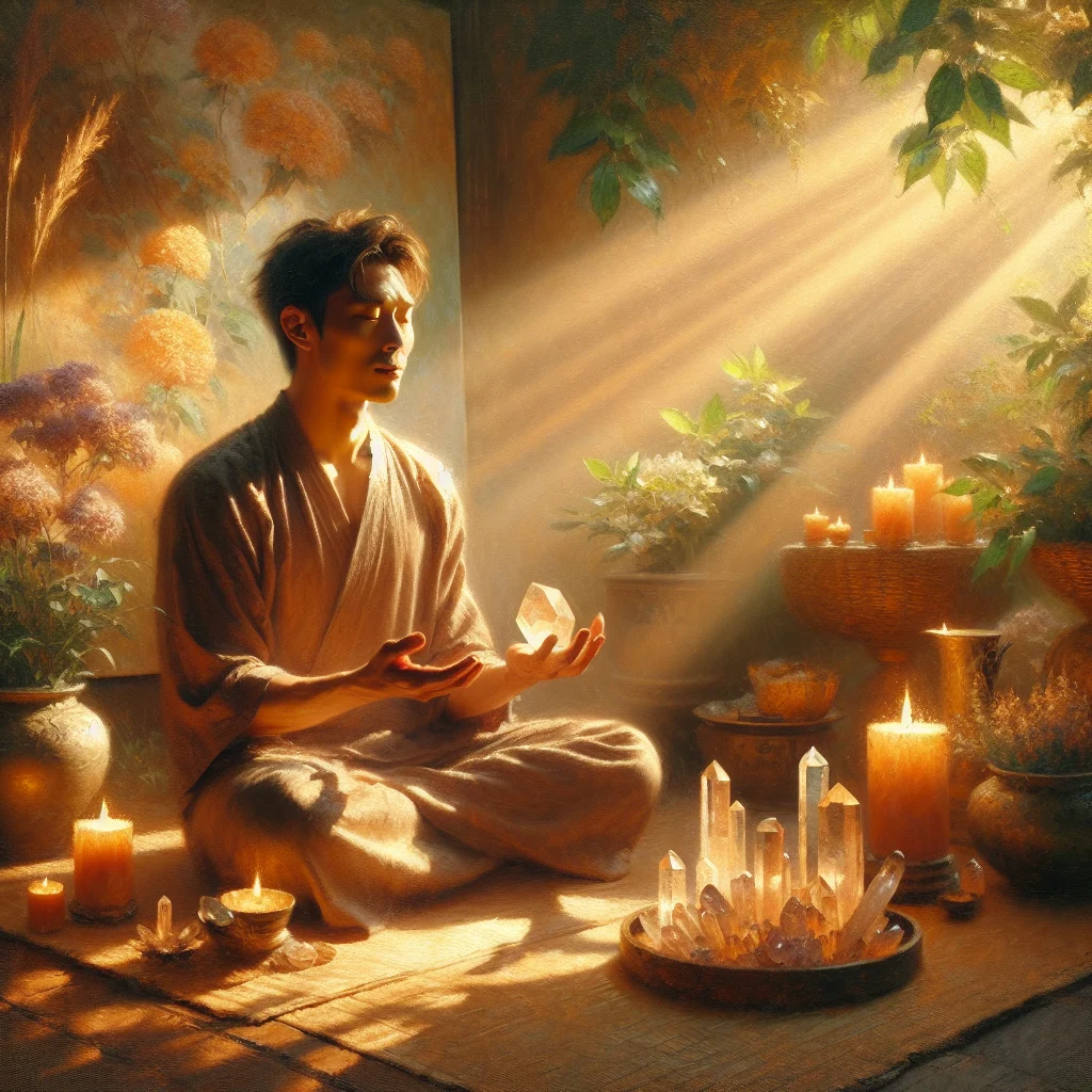 Hands gently holding a healing crystal during meditation in a peaceful room with natural light and plants