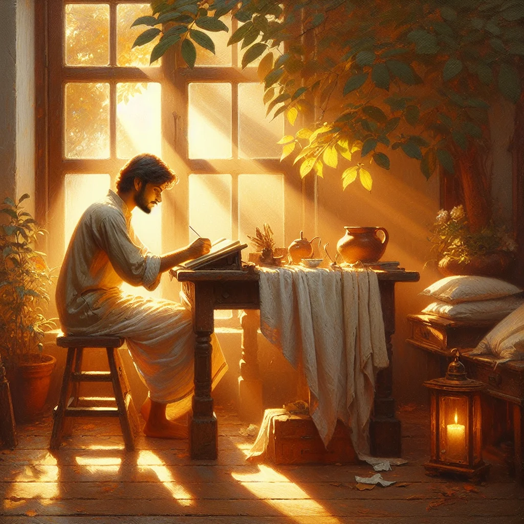 person-journaling-morning-light-intentional-living Person sitting at a wooden desk journaling in soft morning light, creating an intentional living practice