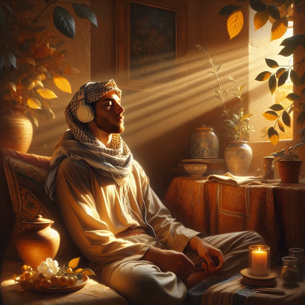 person-listening-meditation-podcast-headphones Person relaxing with headphones while listening to a meditation podcast in peaceful home environment