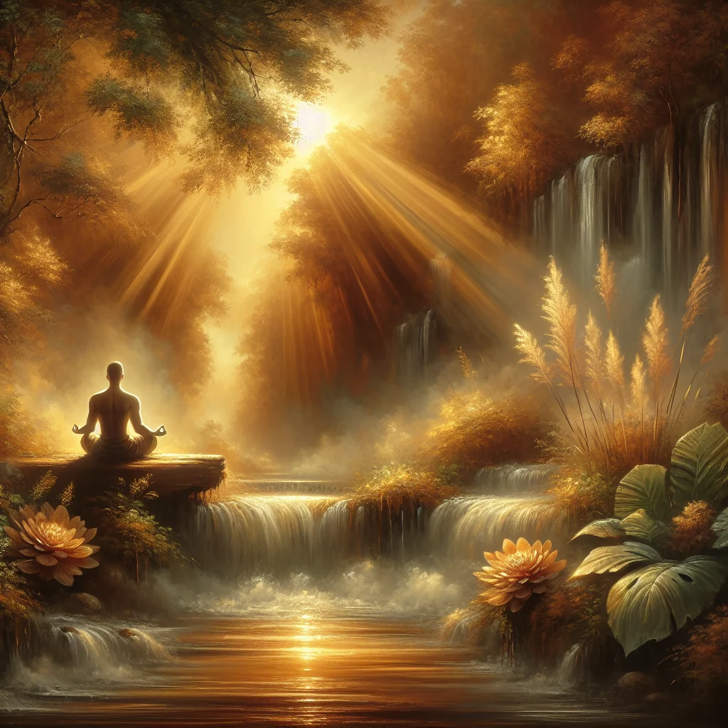 Meditating individual sitting peacefully near a waterfall with healing water sounds in nature