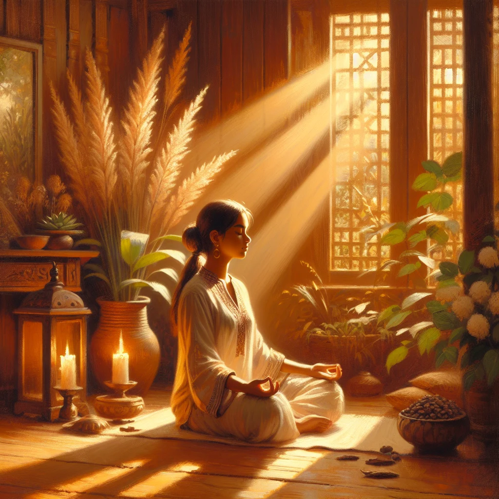 Person practicing one day mindfulness meditation in a quiet room during morning hours