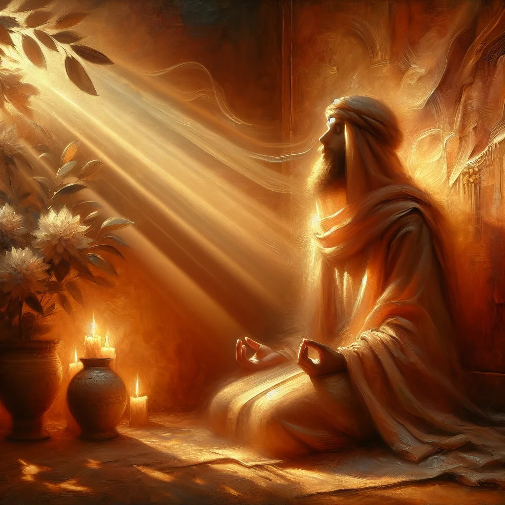 Person sitting in meditation posture surrounded by visualization of high-frequency energy waves and light